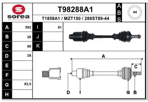 привод правый! 592mm ABS\ Mazda 6 2.0Di 02> T98288A1 EAI