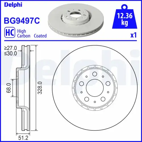 Тормозной диск DELPHI BG9497C вентилируемый , передняя ось