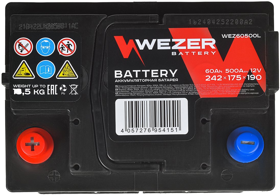 Аккумулятор WEZER WEZ60500L 60 Ач 500 А 242x175x190 мм 1 (+-) прямая