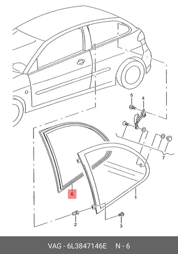 Уплотнитель бокового стекла 6L3847146E VAG