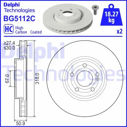 Тормозной диск DELPHI BG5112C вентилируемый , передняя ось