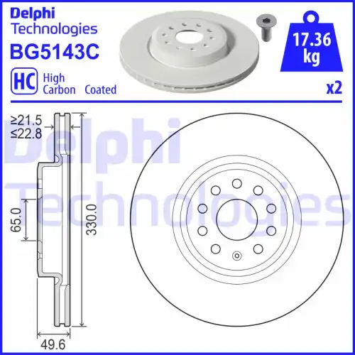 Тормозной диск DELPHI BG5143C вентилируемый , передняя ось