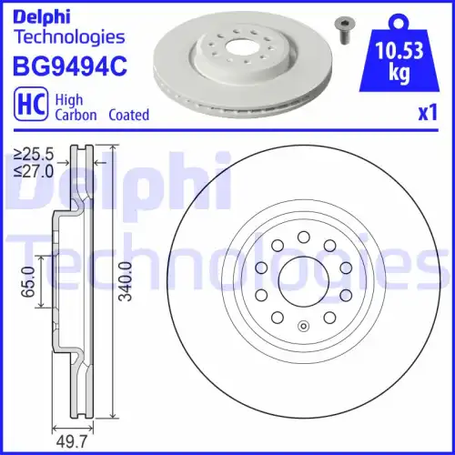Тормозной диск DELPHI BG9494C вентилируемый , передняя ось