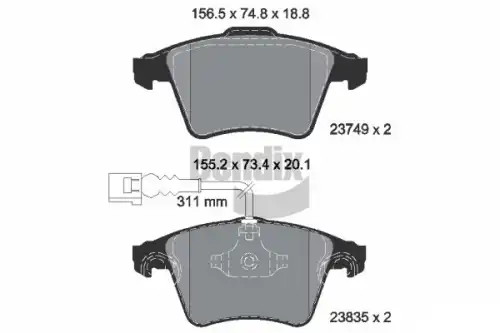 Тормозные колодки дисковые передняя ось BENDIX BPD2032