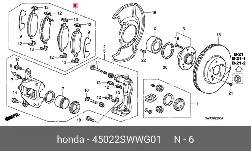 Тормозные колодки дисковые HONDA 45022SWWG01