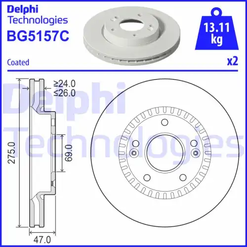 Тормозной диск DELPHI BG5157C вентилируемый , передняя ось