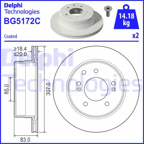Тормозной диск DELPHI BG5172C вентилируемый , задняя ось