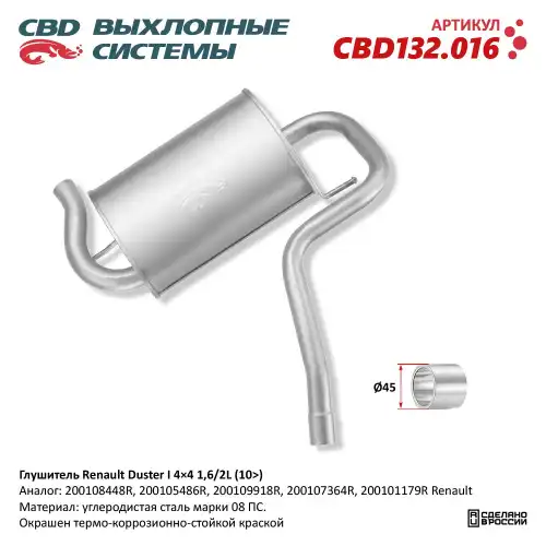 Глушитель Renault Duster I 4x4 1,6/2L (10>) CBD132.016 CBD