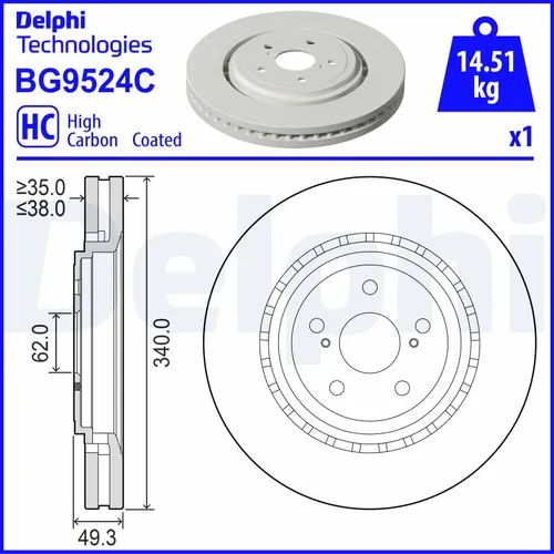 Тормозной диск DELPHI BG9524C вентилируемый , передняя ось