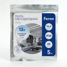 Лента LEDх60/м,5м,14.4w/m,12в.бел/осн.бел.27644 FERON