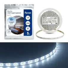 Лента LEDх60/м,5м,4.8w/m,12в.бел/осн.бел.27603 FERON
