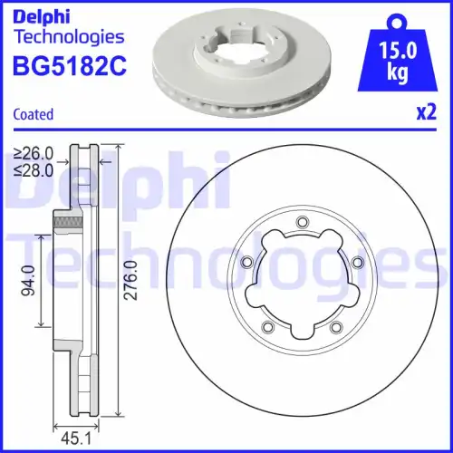 Тормозной диск DELPHI BG5182C вентилируемый , передняя ось