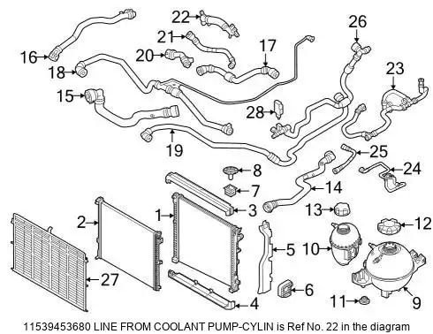 line from coolant pump-cylin ! \BMW 11 53 9 453 680