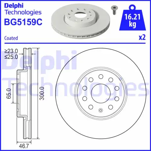 Тормозной диск DELPHI BG5159C вентилируемый , передняя ось