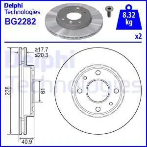 Тормозной диск DELPHI BG2282 вентилируемый , передняя ось