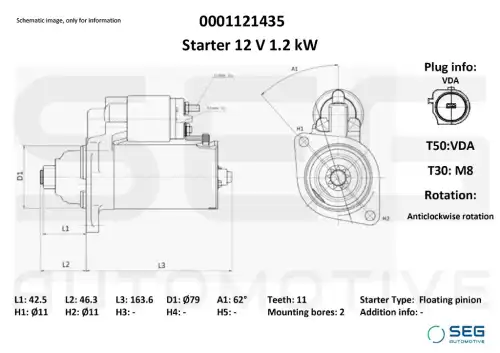 Starter Audi / Seat 1.1 kw 0001121435 SEG