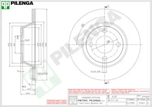 Тормозной диск PILENGA 5361 передняя ось