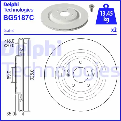 Тормозной диск DELPHI BG5187C вентилируемый , задняя ось