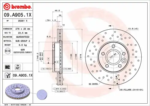 Тормозной диск BREMBO 09A9051X