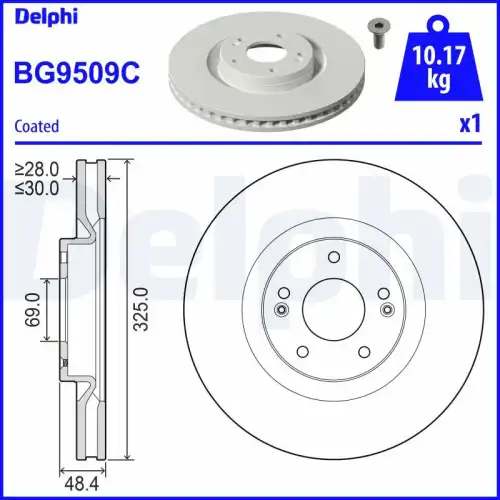 Тормозной диск DELPHI BG9509C вентилируемый , передняя ось