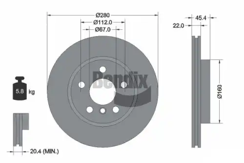 Тормозной диск BENDIX BDS1330 вентилируемый , передняя ось