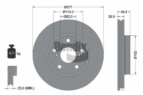 Тормозной диск BENDIX BDS1346 вентилируемый , передняя ось