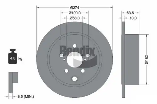 Тормозной диск BENDIX BDS1791 полный , задняя ось