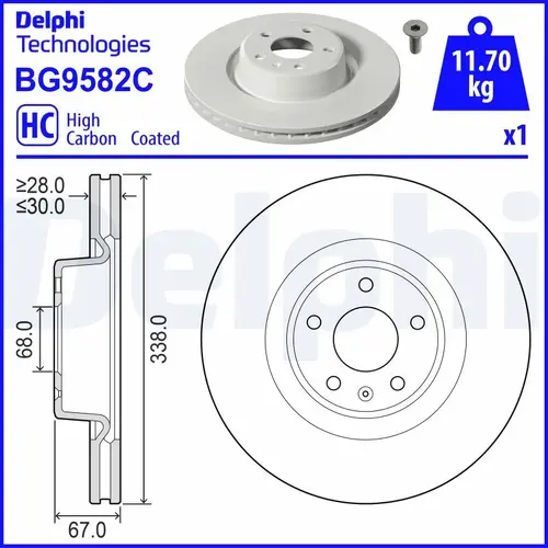 Тормозной диск DELPHI BG9582C вентилируемый , передняя ось