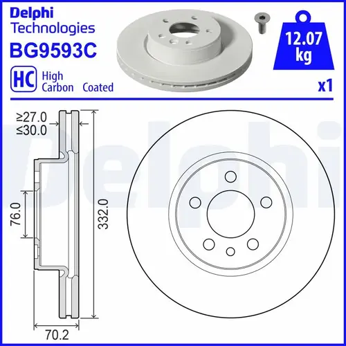 Тормозной диск DELPHI BG9593C вентилируемый , задняя ось