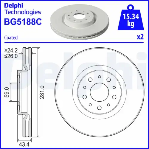 Тормозной диск DELPHI BG5188C вентилируемый , передняя ось