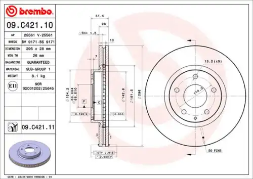 Тормозной диск BREMBO 09.C421.10