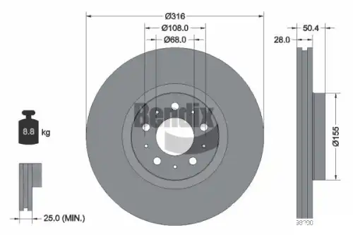 Тормозной диск BENDIX BDS1836 вентилируемый , передняя ось
