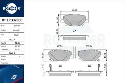 Тормозные колодки дисковые задняя ось ROTINGER RT 1PD32900