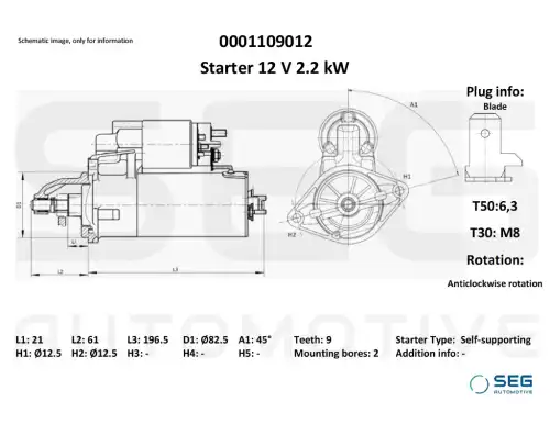 Starter Lombardini 1.6 kw 0001.109.012 SEG