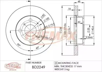 Тормозной диск FREMAX BD-2249 вентилируемый ,