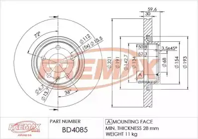Тормозной диск FREMAX BD-4085 вентилируемый ,