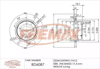 Тормозной диск FREMAX BD-6087 вентилируемый ,