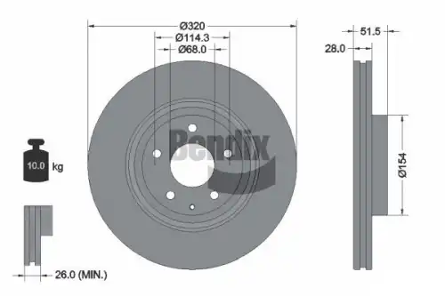 Тормозной диск BENDIX BDS2204 вентилируемый , передняя ось