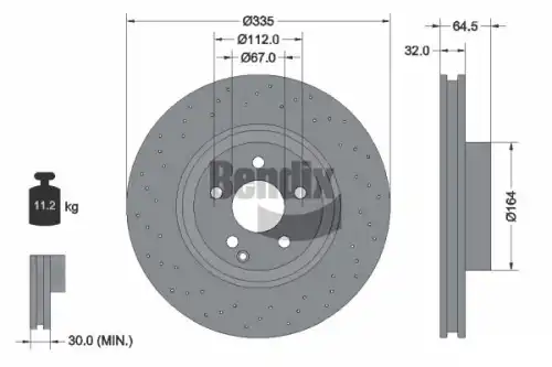 Тормозной диск BENDIX BDS1651HC вентилируемый, перфорированный , передняя ось