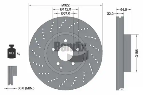 Тормозной диск BENDIX BDS1302HC вентилируемый, перфорированный , передняя ось