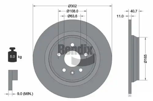 Тормозной диск BENDIX BDS1222 полный , задняя ось