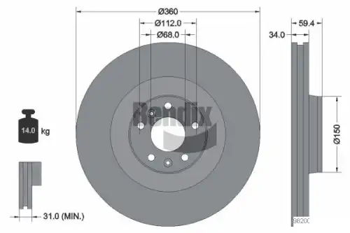 Тормозной диск BENDIX BDS1734 вентилируемый , передняя ось