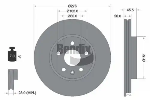 Тормозной диск BENDIX BDS1150 вентилируемый , передняя ось