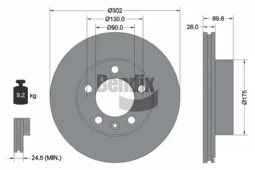 Тормозной диск BENDIX BDS1035 вентилируемый , передняя ось