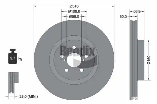 Тормозной диск BENDIX BDS1861 вентилируемый , передняя ось
