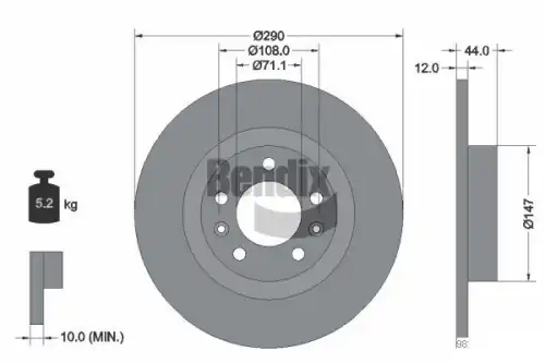 Тормозной диск BENDIX BDS1072 полный , задняя ось