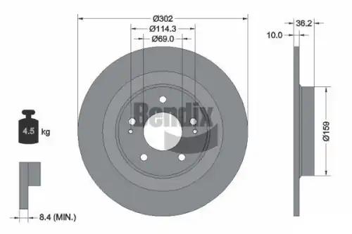 Тормозной диск BENDIX BDS1486 полный , задняя ось