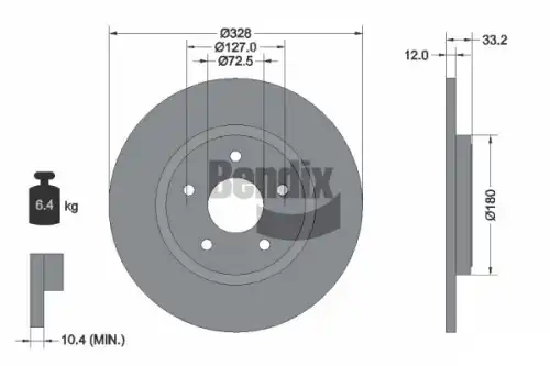 Тормозной диск BENDIX BDS1784 полный , задняя ось