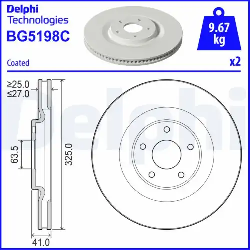 Тормозной диск DELPHI BG5198C вентилируемый , передняя ось
