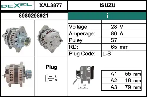 XAL3877 Генератор 28V/80A/S7 DEXEL